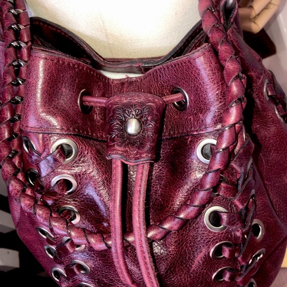 PATRICIA NASH Red Wine Woven Leather Crossbody Shoulder Bucket Bag w/ Grommets - Picture 3 of 17